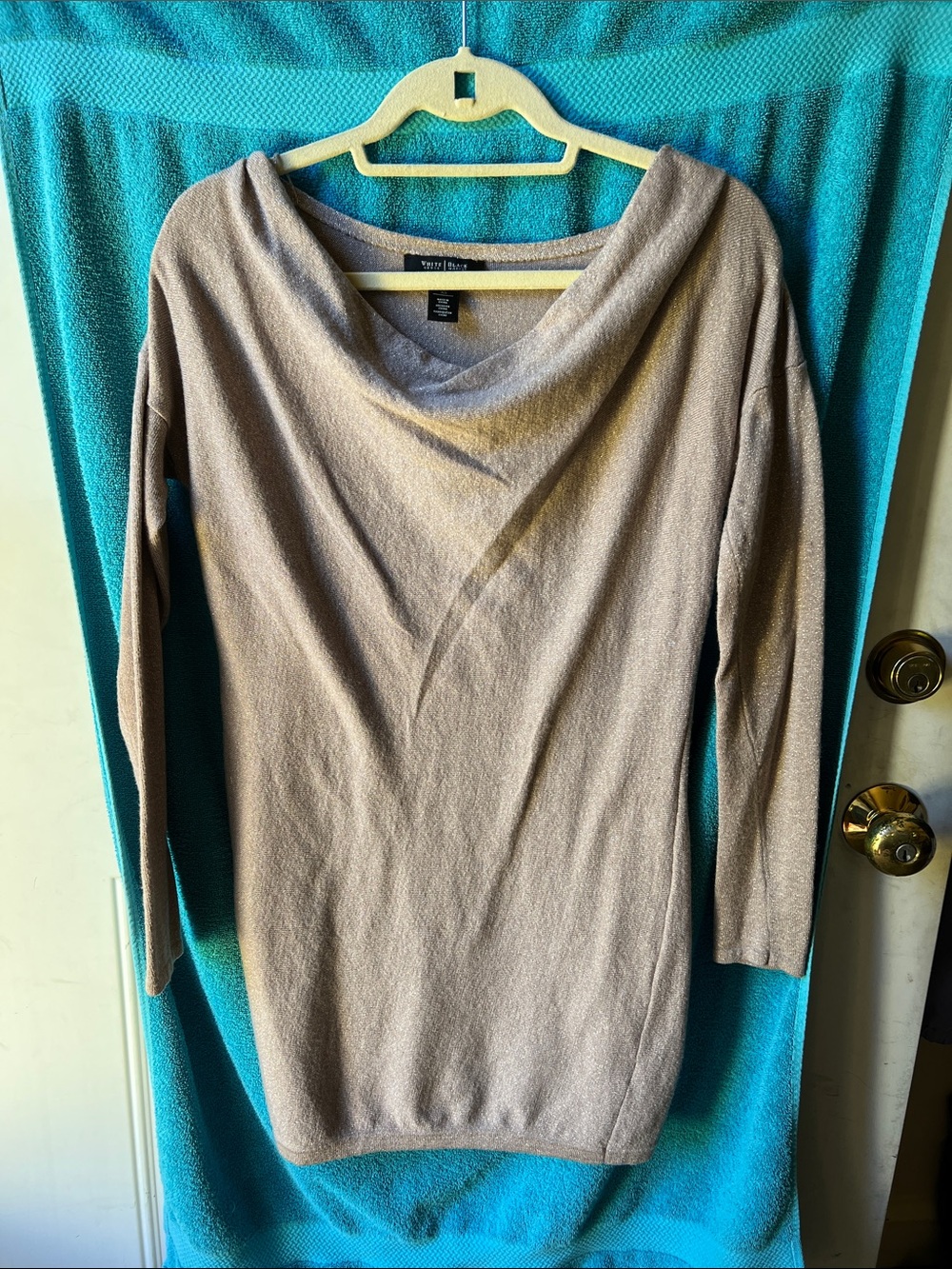 White House Black Market Beige with Gold thread Cowl-Neck Sweater/ Sweater dress